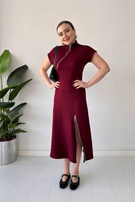Çift Fermuarlı Modal Elbise Bordo - Thumbnail