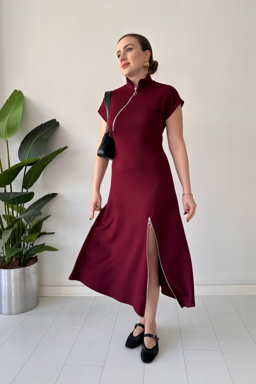 Robe en modal à double fermeture éclair bordeaux