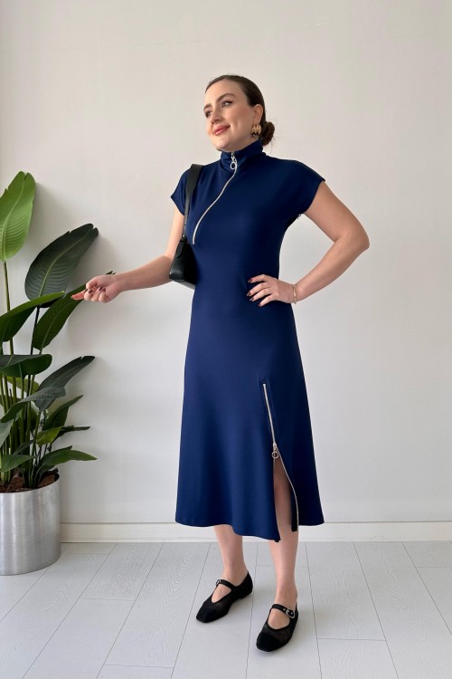 Robe en modal à double fermeture éclair bleu marine