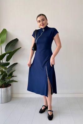 Çift Fermuarlı Modal Elbise Lacivert - Thumbnail