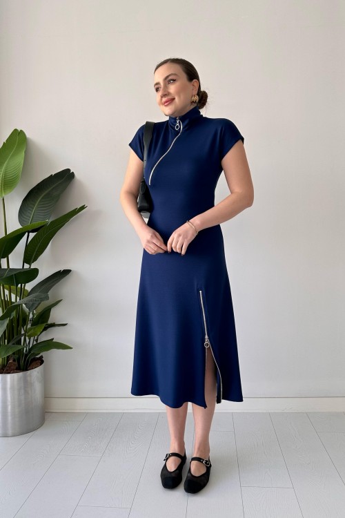 Robe en modal à double fermeture éclair bleu marine