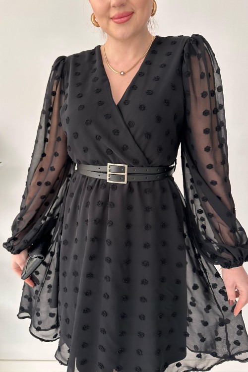 Robe à double ceinture et pompons noire