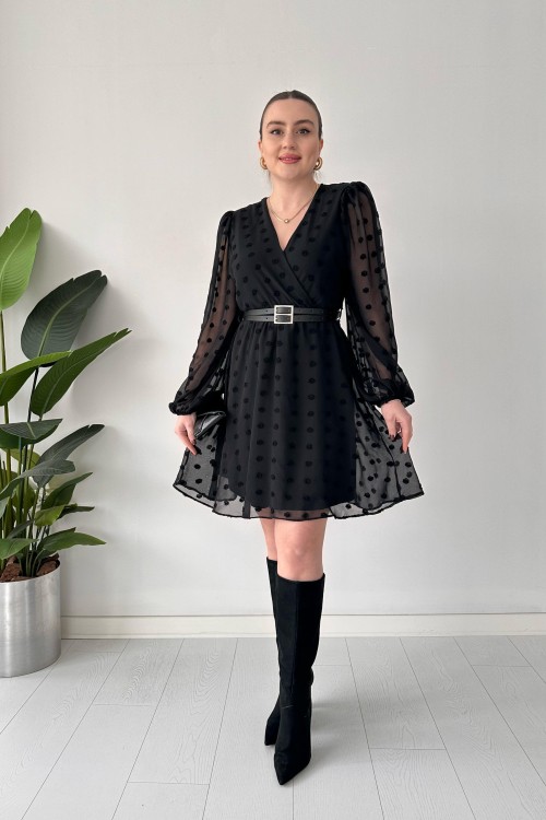 Robe à double ceinture et pompons noire