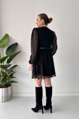 Çift Kemerli Ponpon Elbise Siyah - Thumbnail