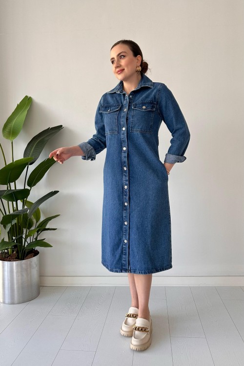 Robe en jean à boutons-pression bleue