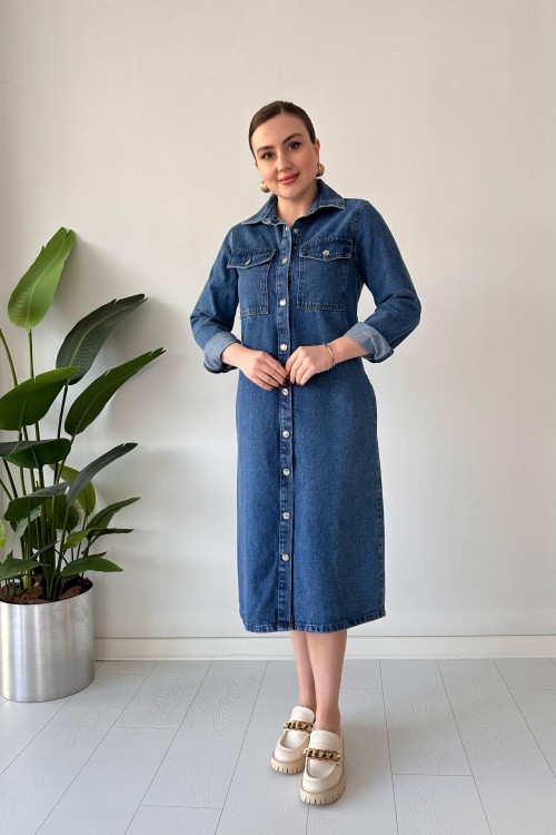 Robe en jean à boutons-pression bleue