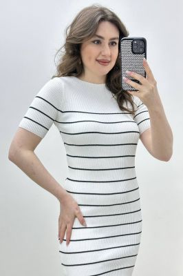 Çizgili Triko Elbise Beyaz - Thumbnail