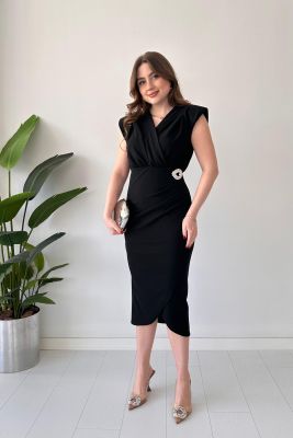 Damla Tokalı Krep Elbise Siyah - Thumbnail