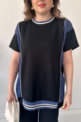 Denim Detaylı Modal Takım Siyah - Thumbnail