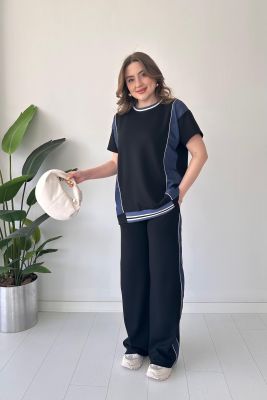 Denim Detaylı Modal Takım Siyah - Thumbnail