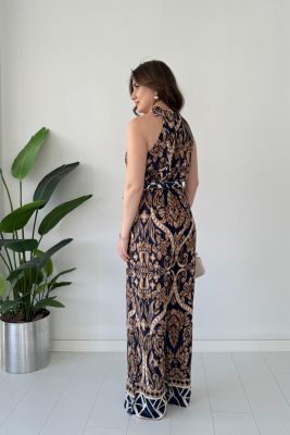 Desenli Halter Tulum Lacivert - Thumbnail