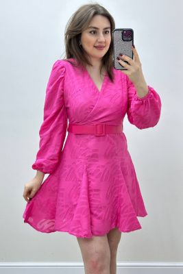 Dilim Etekli Kemerli Elbise Pembe - Thumbnail