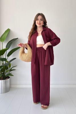 Dokulu İkili Takım Bordo - Thumbnail