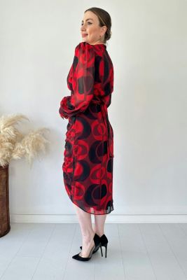 Drapeli Dalga Şifon Elbise Kırmızı - Thumbnail