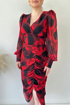 Drapeli Dalga Şifon Elbise Kırmızı - Thumbnail
