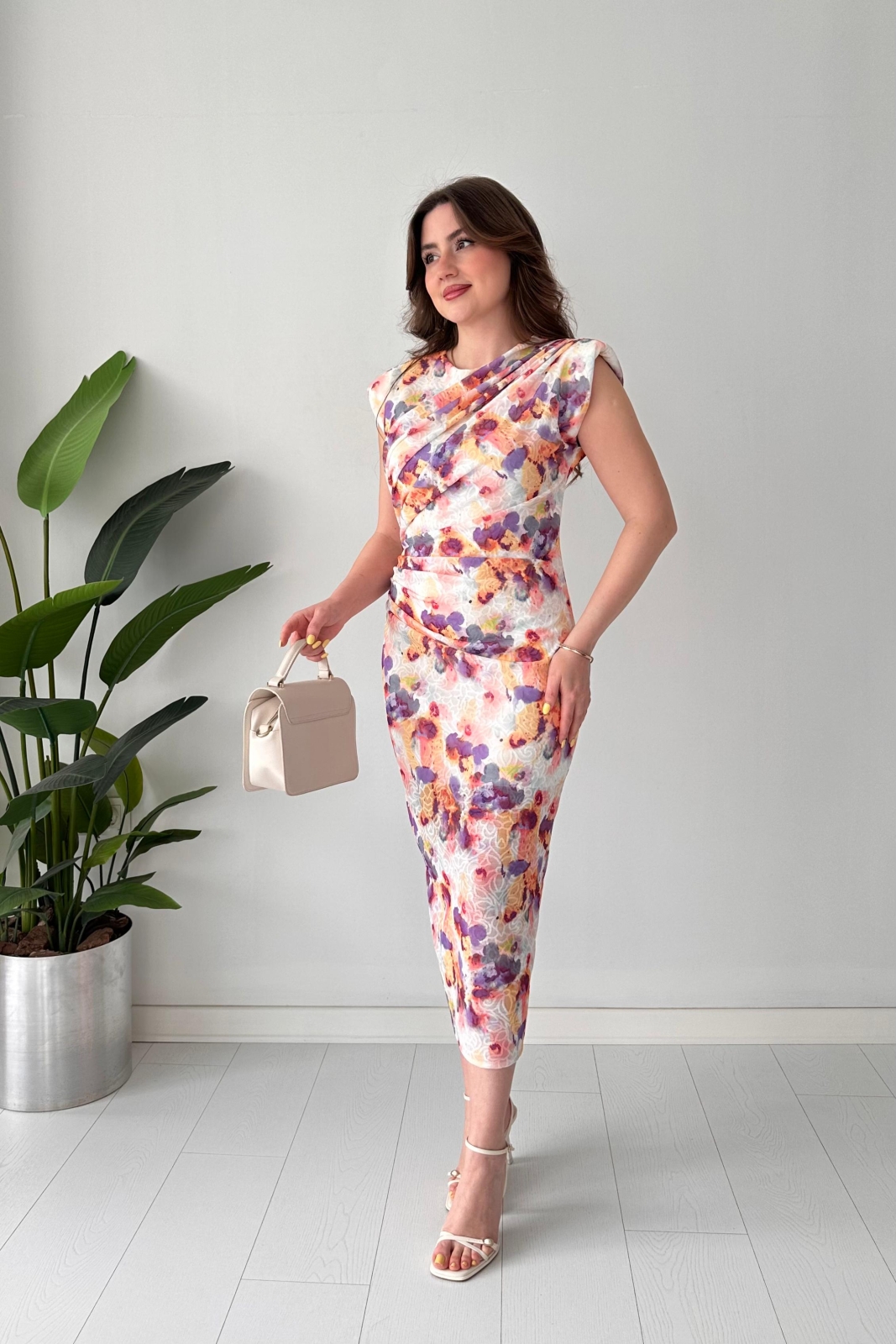 Drapeli Floral Elbise Renkli - Thumbnail