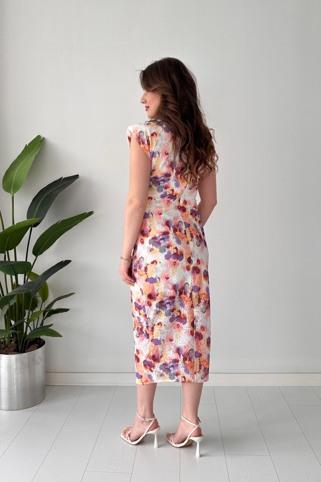 Drapeli Floral Elbise Renkli - Thumbnail