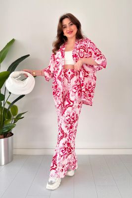 Dubai Desen Kimono Takım Pembe - Thumbnail
