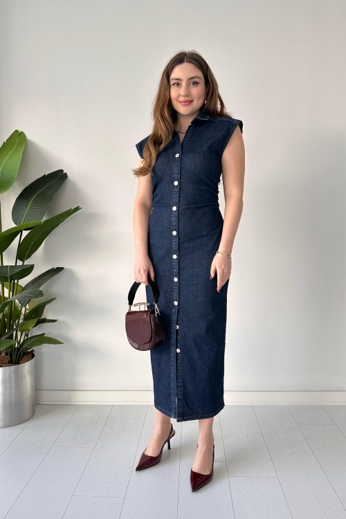 Robe en jean à boutons bleu marine