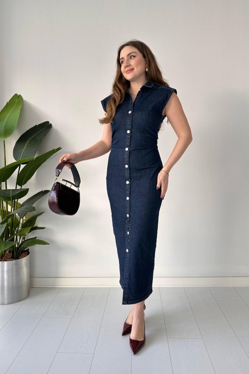 Robe en jean à boutons bleu marine