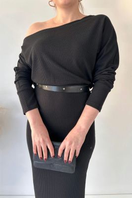 Düşük Omuz Kemerli Elbise Siyah - Thumbnail
