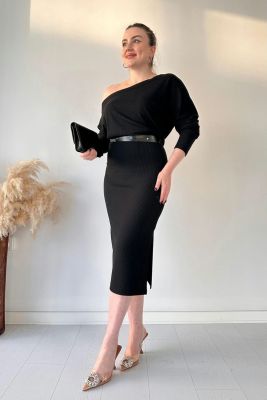 Düşük Omuz Kemerli Elbise Siyah - Thumbnail