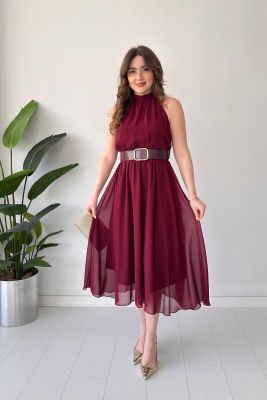 Düz Halter Şifon Elbise Bordo - Thumbnail