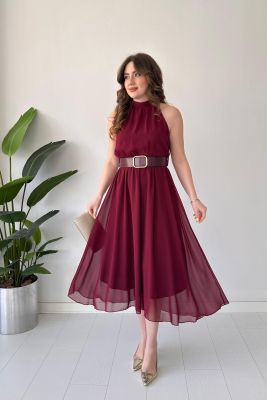 Düz Halter Şifon Elbise Bordo - Thumbnail