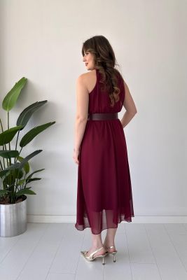 Düz Halter Şifon Elbise Bordo - Thumbnail