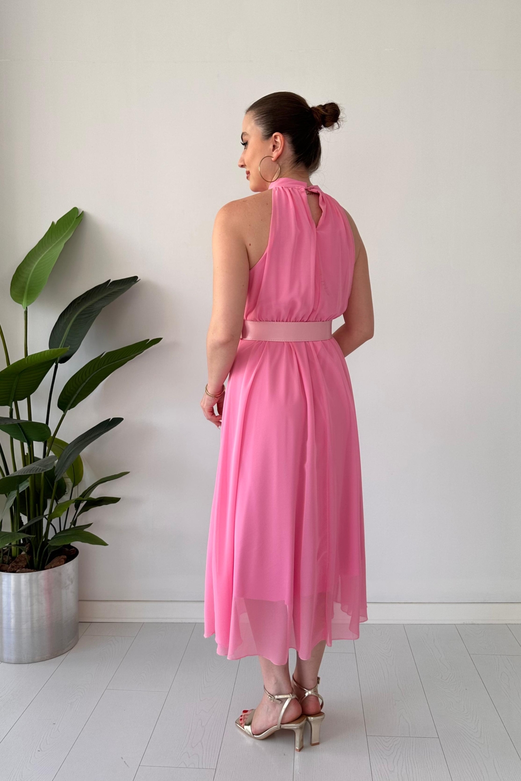 Düz Halter Şifon Elbise Pembe - Thumbnail