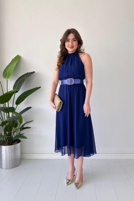 Düz Halter Şifon Elbise Saks Mavisi - Thumbnail