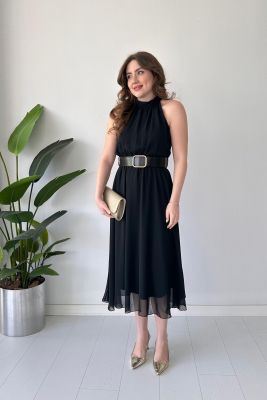 Düz Halter Şifon Elbise Siyah - Thumbnail