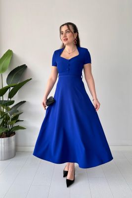Düz Kemerli Elbise Saks Mavisi - Thumbnail