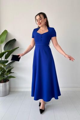 Düz Kemerli Elbise Saks Mavisi - Thumbnail