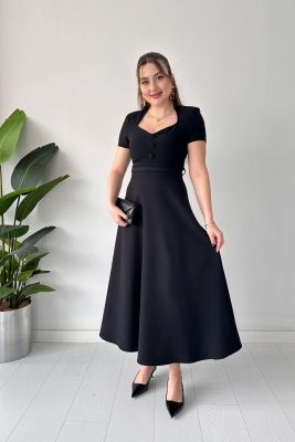 Düz Kemerli Elbise Siyah - Thumbnail
