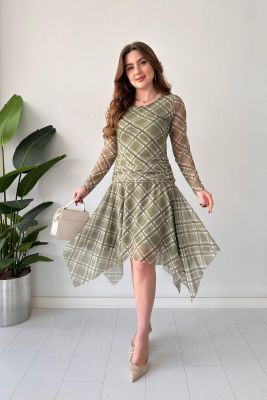 Ekose Tül Elbise Mint - Thumbnail