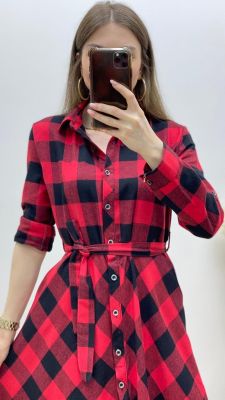 Ekoseli Kaşe Gömlek Elbise Kırmızı - Thumbnail
