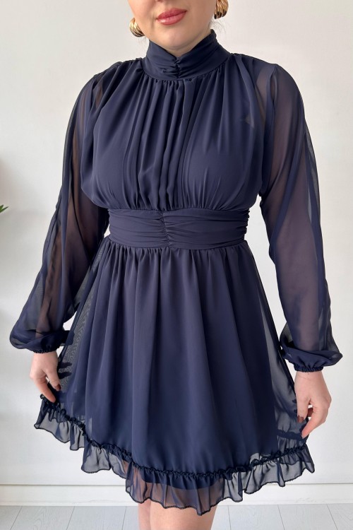 Robe en mousseline avec jupe à volants bleu marine