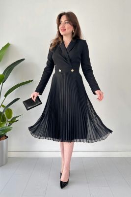 Eteği Şifon Ceket Elbise Siyah - Thumbnail