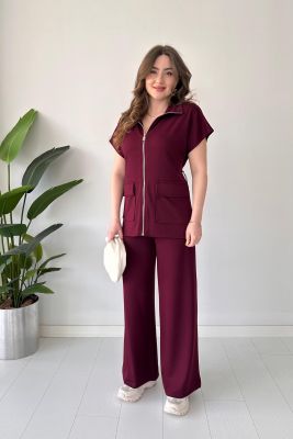 Fermuarlı Modal Takım Bordo - Thumbnail