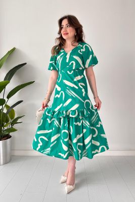 Fırça Poplin Elbise Yeşil - Thumbnail
