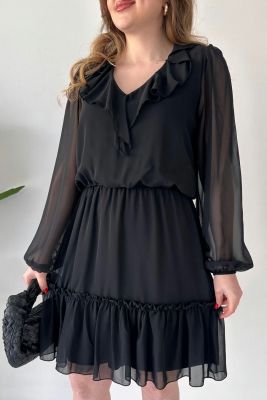 Fırfır Detay Şifon Elbise Siyah - Thumbnail