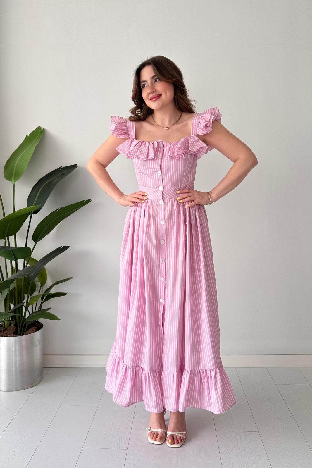 Fırfır Detay Tasarım Poplin Elbise Pembe - Thumbnail