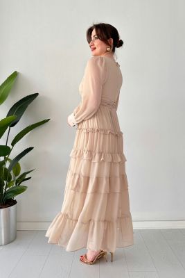 Fırfır Katlı Şifon Elbise Krem - Thumbnail