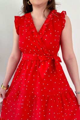 Fırfırlı Puantiye Poplin Elbise Kırmızı - Thumbnail