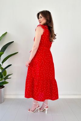 Fırfırlı Puantiye Poplin Elbise Kırmızı - Thumbnail