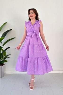 Fırfırlı Puantiye Poplin Elbise Lila - Thumbnail