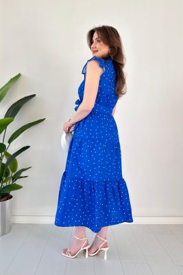 Fırfırlı Puantiye Poplin Elbise Saks Mavisi - Thumbnail