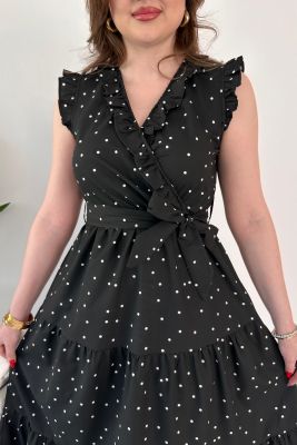 Fırfırlı Puantiye Poplin Elbise Siyah - Thumbnail