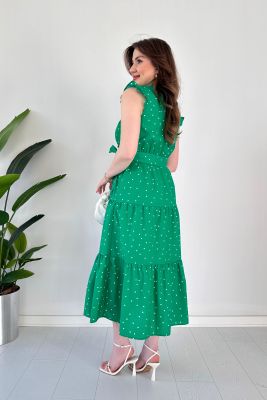 Fırfırlı Puantiye Poplin Elbise Yeşil - Thumbnail